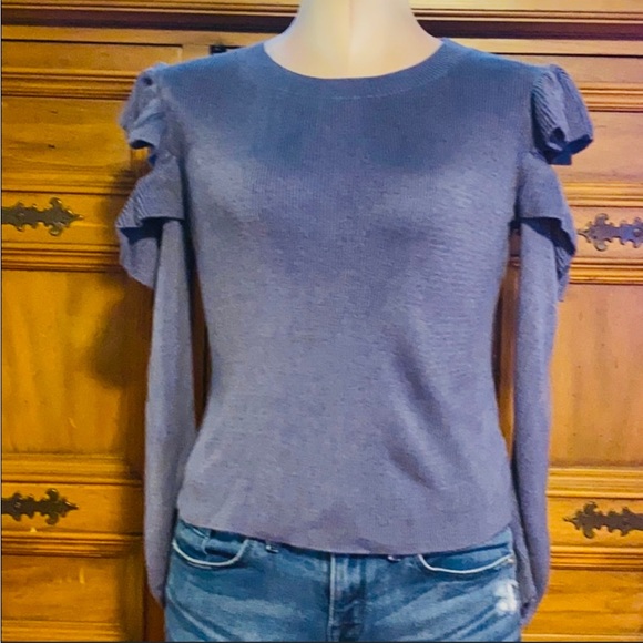Open Shoulder Ruffled Blue Sweater - Picture 2 of 10